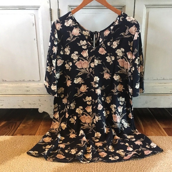 NEW Boho Navy Floral 3/4 Sleeve Tunic Tie Dress - Picture 7 of 8